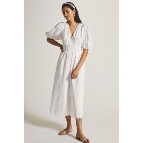 Anthropologie Hutch Smocked Waist Puff Sleeve Eyelet Jumpsuit - Picture 1 of 13